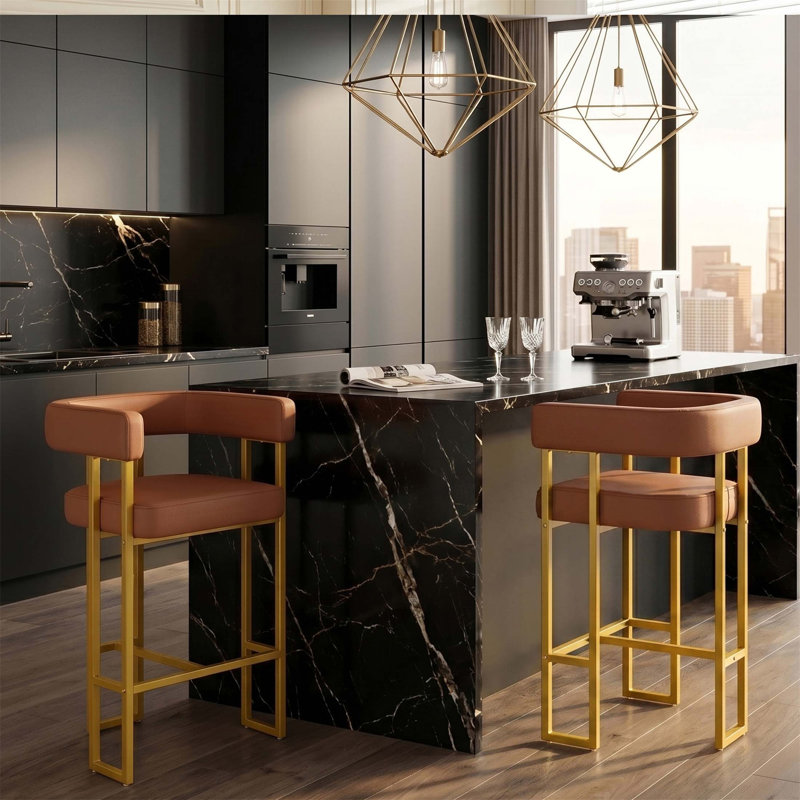 Ensemble de 2 tabourets de bar à hauteur de comptoir Modern, revêtu de similicuir de polyuréthane avec dossier et repose-pieds, chaises d'îlot de cuisine Mid-Century de 26 pouces, structure en acier au carbone doré