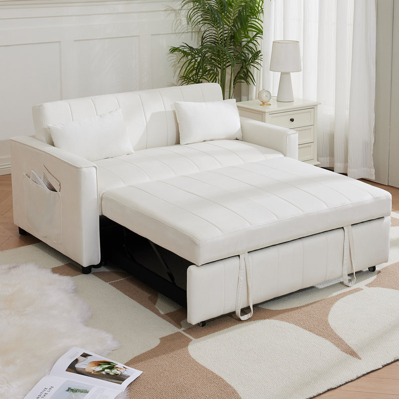 Radislava Convertible Sleeper Sofa Bed, 55.51" Modern 3-in-1 Futon Couch, White Velvet