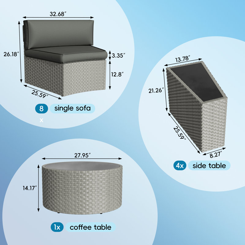 Ensemble de conversation courbé pour 8 personnes avec coussins Dartmore, Non, Gris, H 14,17 po x l 27,95 po x P 27,95 po