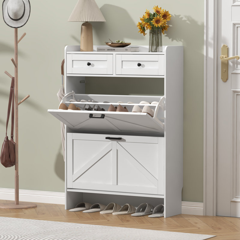 30"W Farmhouse Shoe Cabinet with 2 Flip Drawers & 2 Drawers – Narrow Freestanding Organizer for Entryway（30" W x 9.25" D x 42.7" H）