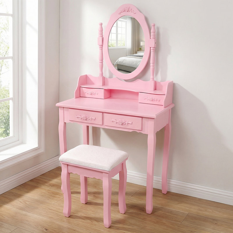 Ensemble de coiffeuse maquillage avec miroir à 360 ° et tabouret rembourré - Bureau de chambre 4 tiroirs, Rose