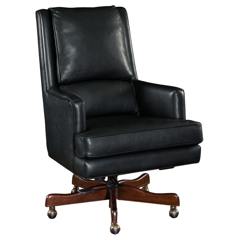 Black Leather High Back Swivel Executive Chair with Wood Base
