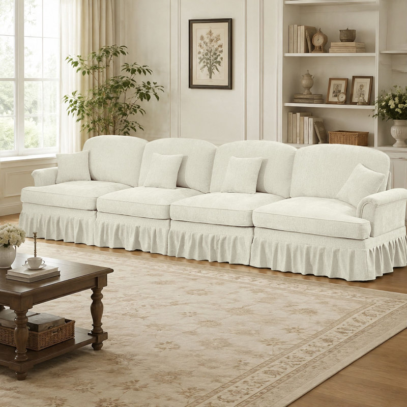 Canapé à 4 places en tissu chenille avec jupes à plis et volants amovibles, 4-Seat, Café clair