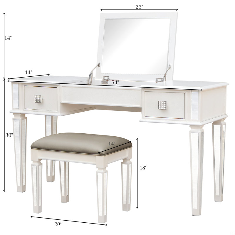 Mirrored Vanities Desk With Drawers, Bedroom Makeup Vanity Table Set With Mirror And Stool, Flip Up Dressing Table, White