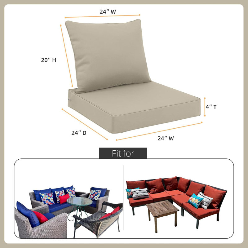 Outdoor Seat Cushion Set 24 x 24 Inch Water-Resistant & Fade-Resistant