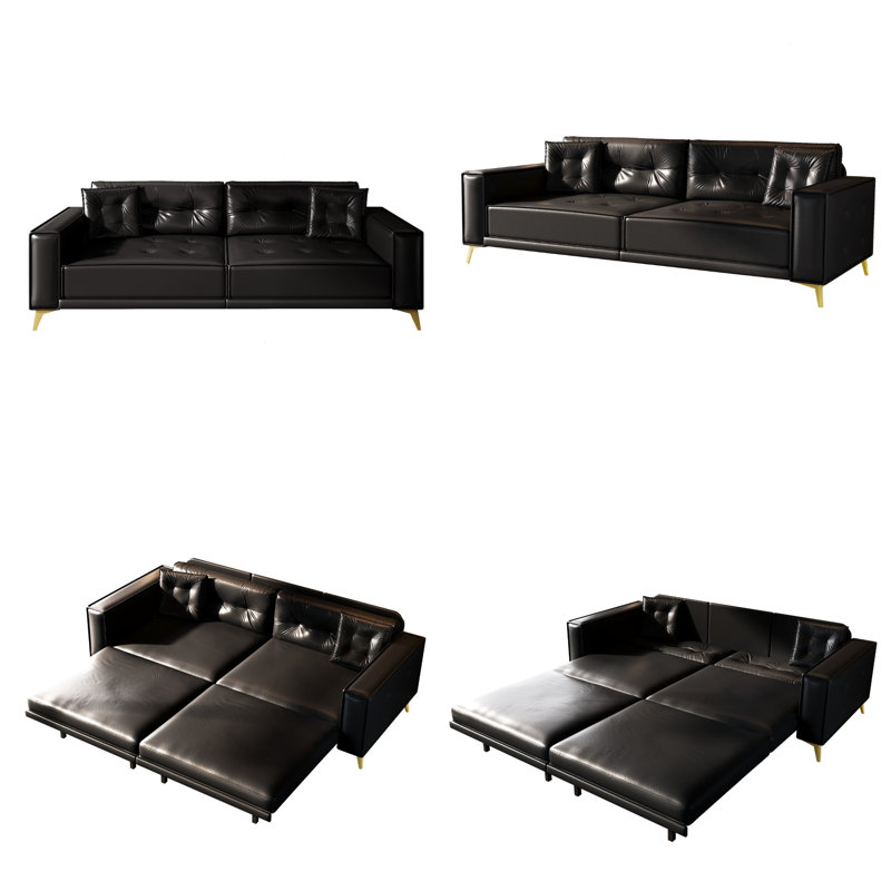 92.1" King Size Pull Out Sofa Bed, 3-in-1 Faux Leather Convertible Sleeper Sofa with Tufted Design, Ultra Wide Armrests & 2 Pillows, 4-Seater Modern Couch for Living Room, Apartment, Office