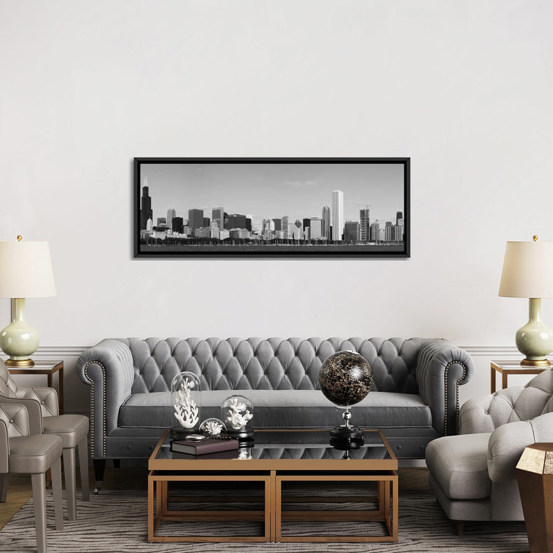 «Chicago Panoramic Skyline Cityscape», reproduction de photo sur toile en noir et blanc, H 20 po x l 60 po x P 1,5 po