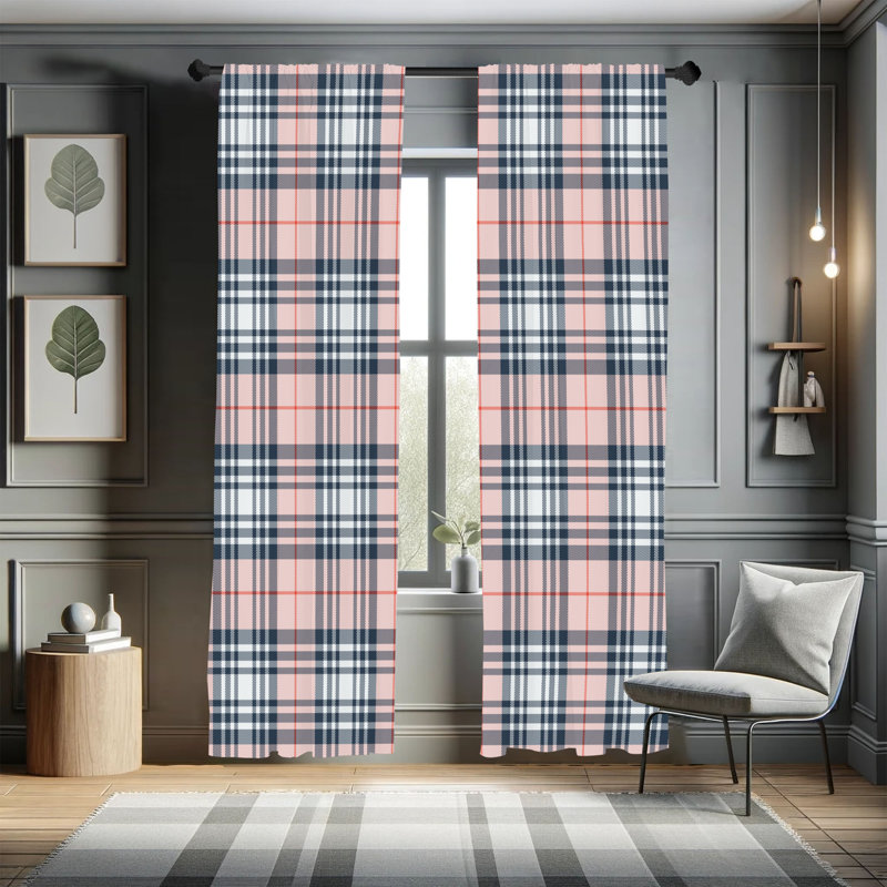  Checkered Curtains, Plaid Tartan English Tile, 56" W x 95" L, Pale Salmon