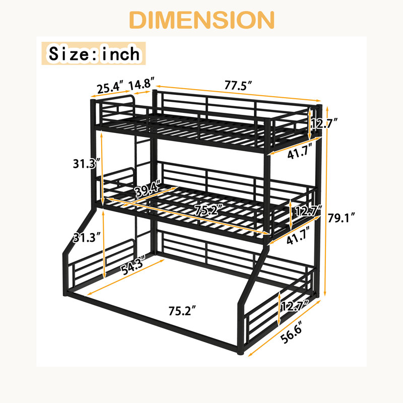 Twin Over Twin Over Full Bunk Bed, Metal Triple Bunk Bed With Safety Guardrails, Heavy-Duty Bunk Bed With Noise-Reduced Design