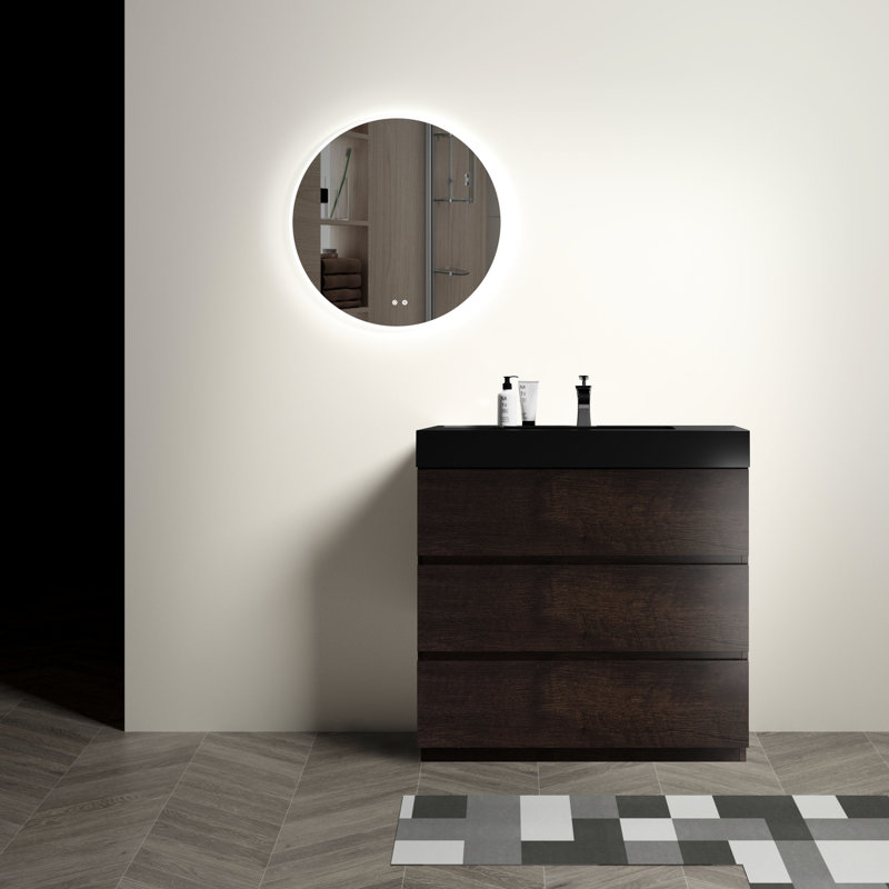 Meuble-lavabo moderne - noyer 36 po, noyer silencieux avec lavabo, Walnut, 36", Black