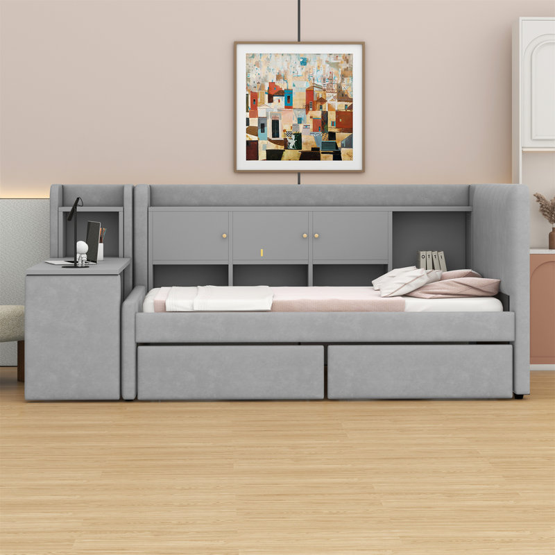 Lit de jour rembourré avec tiroirs, tablettes, armoires rabattables et table d'appoint, Gris