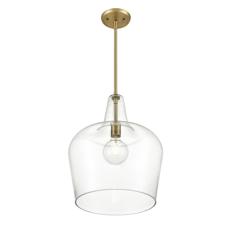 Luminaire suspendu 1 lumière Ivy Bronx Retaj en noir mat avec abat-jour en verre bullé transparent, Laiton rétro