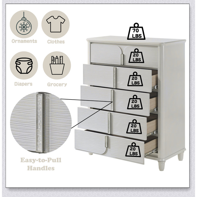 Commode à finition blanche perle Laveda avec cinq tiroirs profonds pour un rangement généreux et une esthétique moderne