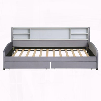 Lit plateforme simple tapissier avec tiroirs de rangement et armoire