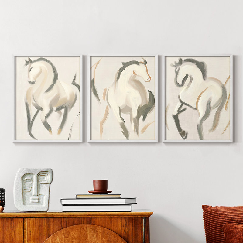 Série équine CXVII - Ensemble de 3 estampes numériques encadrées - Prêt à être accroché, Blanc, H 14 po x l 33 po
