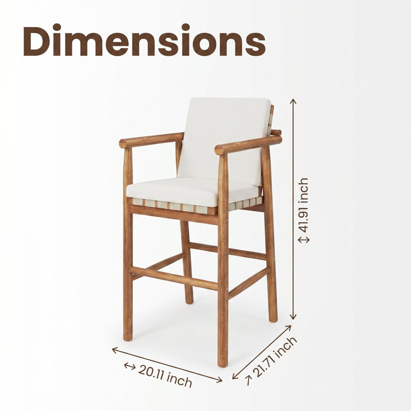 Ensemble de 2 tabourets de bar à hauteur de comptoir d'extérieur, tabourets de patio en bois d'acacia avec dossier, accoudoirs et coussins amovibles beiges