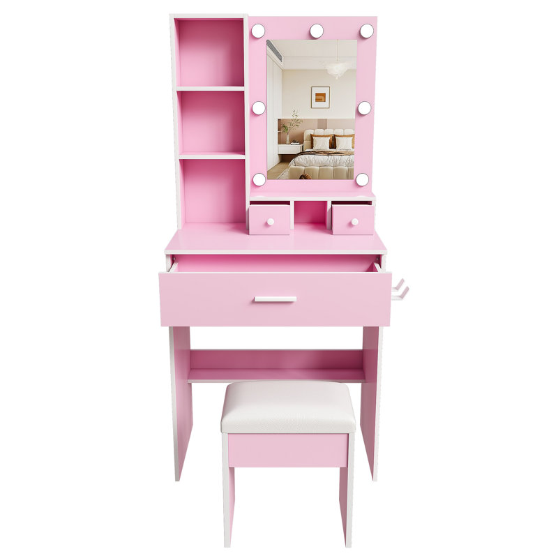 Table de coiffeuse avec miroir et lumières DEL réglables, prise de courant, support pour séchoir à cheveux et tabouret - coiffeuse compacte pour petites chambres