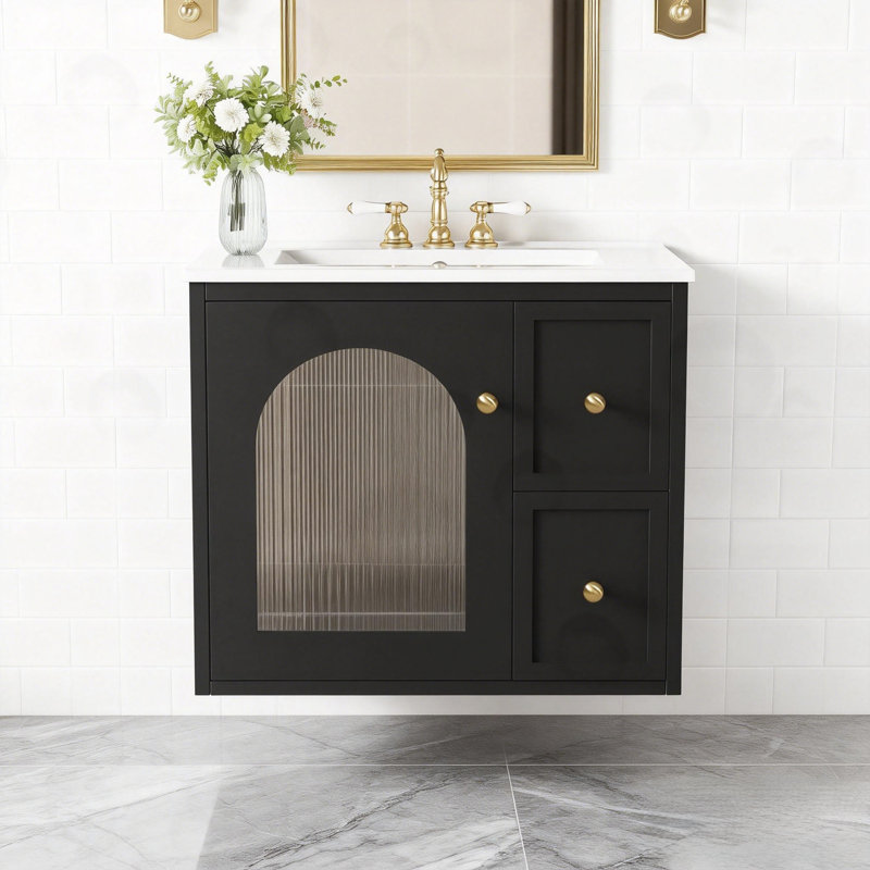 Armoire de salle de bain murale avec lavabo en céramique, Noir