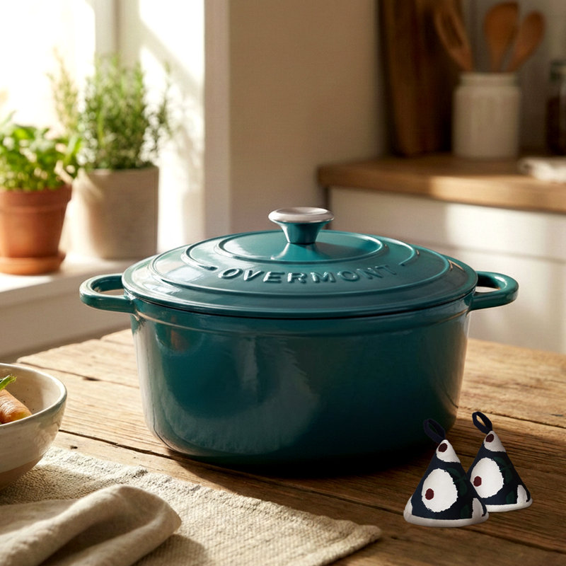 Overmont Enameled Cast Iron Dutch Oven With Lid & Accessories – Cookware For Baking, Roasting & Stews, Bottle Green