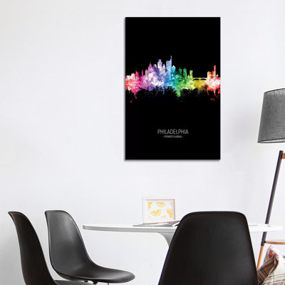 Philadelphia Skyline Portrait Rainbow Black by Michael Tompsett - 1 Piece Wrapped Canvas Wall Art