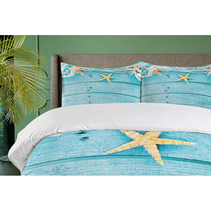 Turquoise Starfish Coastal Queen Duvet Cover Set with Pillow Shams