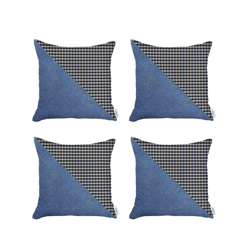 Ensemble de 4 housses de coussin pied-de-poule, Bleu