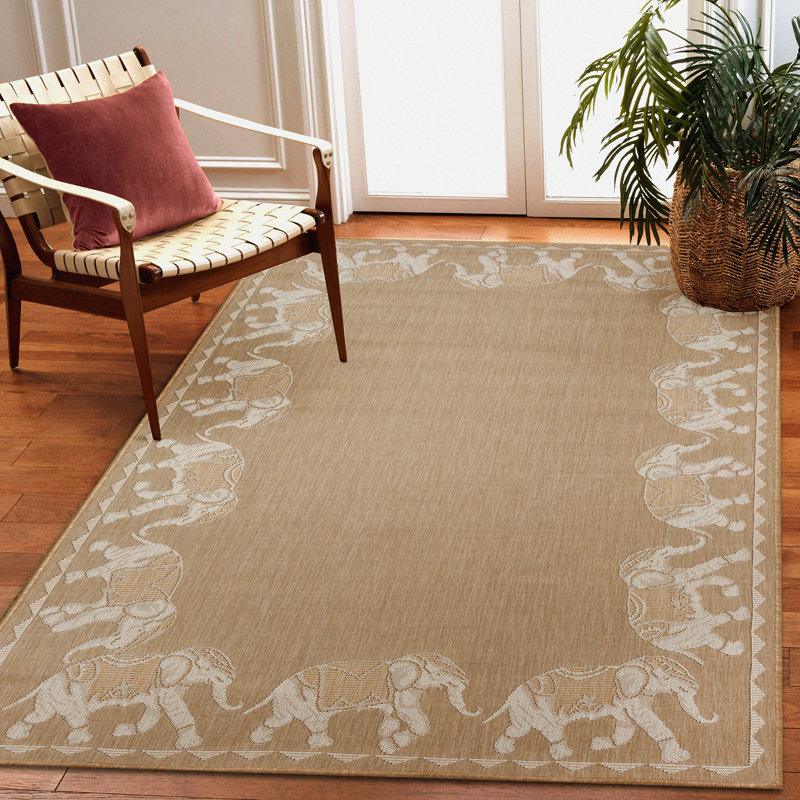 Humberto Marching Elephants Indoor/Outdoor Area Rug, Rectangle 3'3" x 4'11", Sand