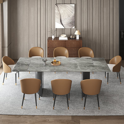 Ensemble de table de salle à manger 9 pièces avec table de salle à manger extensible en pierre frittée de 63 à 94,5 po avec 8 chaises rembourrées en cuir Fuax
