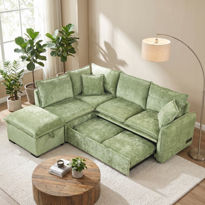 82.67" L-Shape Pull Out Sleeper Sectional with Storage Ottoman, 2 Pillows & 2 USB/2 Power Outlets for Living Room, Apartment