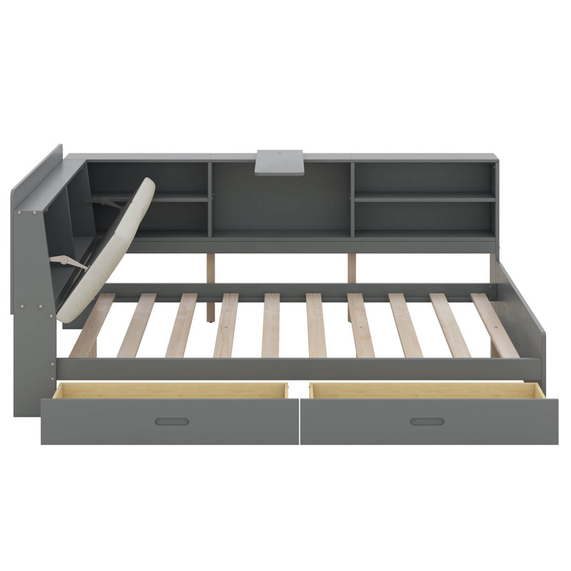 Platform Bed Frame With Hidden Storage Headboard, Rotatable Holder, Side Bookcase & 2 Drawers, Gray