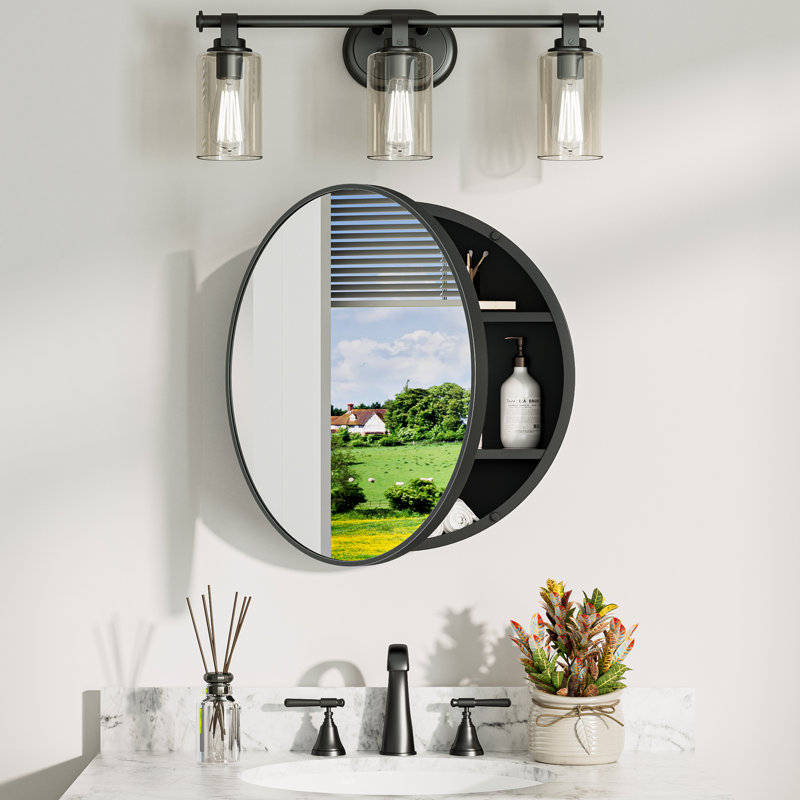 Pharmacie ronde avec miroir, fixation murale seulement, 20", Noir mat