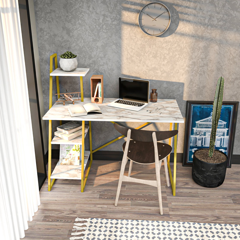 Andersontown 120cm W Rectangular Computer Desk, White Marble and Gold