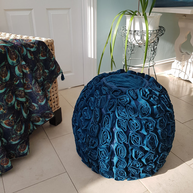 Tarjani 65cm Wide Velvet Round Ottoman, Petrol Blue