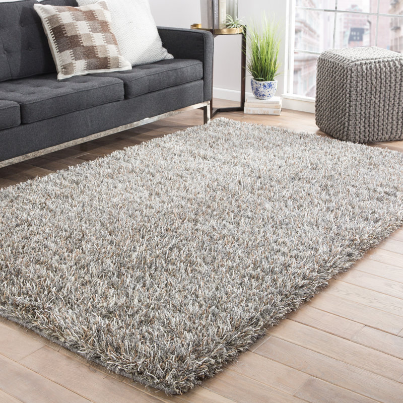 Tapis gris à poil long fabriqué à la main Arlyne, Rectangle de 5 pi x 8 pi