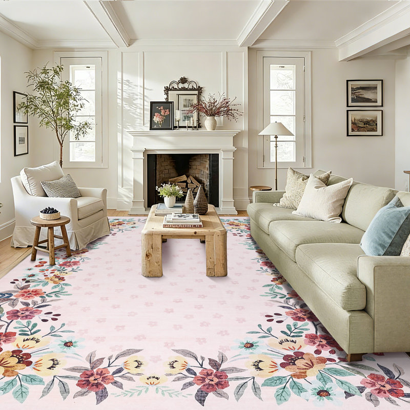  Washable Floral Area Rug 9x12ft – Low-Pile, Non-Slip Carpet for Living Room, Bedroom, Dining Room and Home Office – Home Decor, Pink