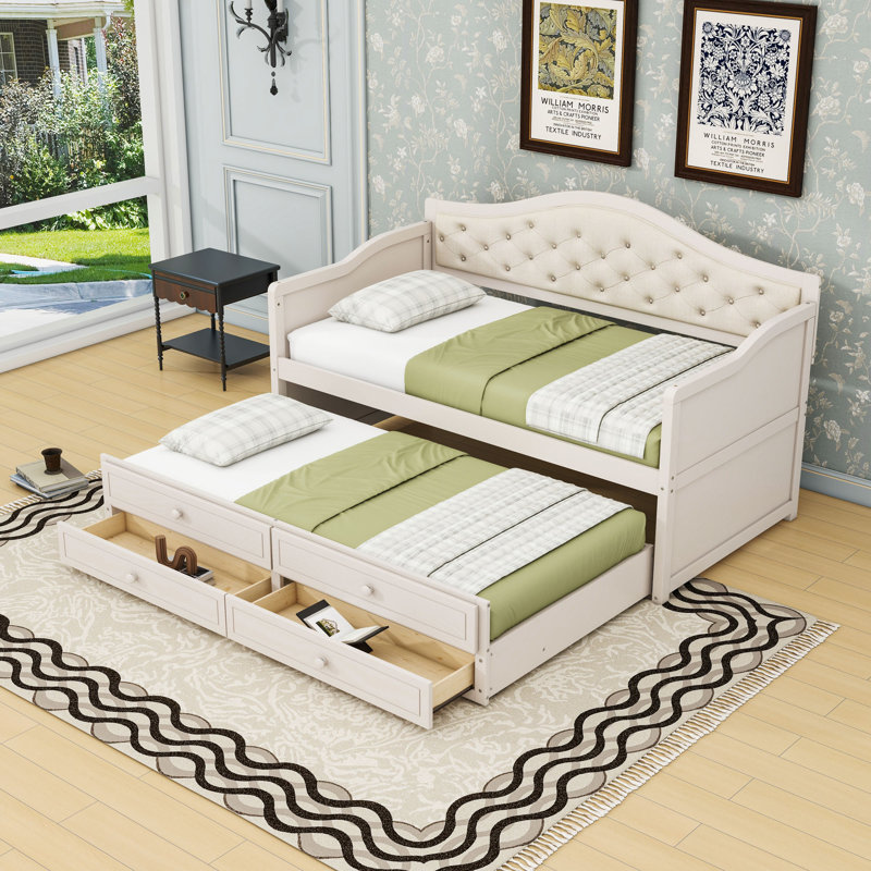 Twin Two Drawers Wooden Daybed with Trundle and Upholstered Backrest, Beige