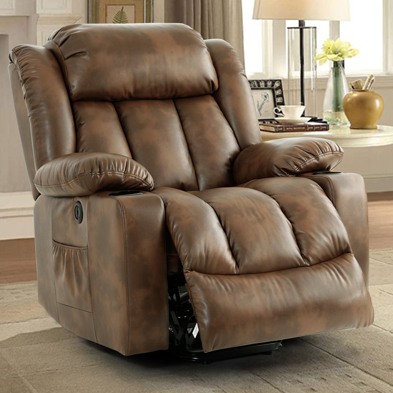 Grand fauteuil inclinable électrique avec massage et chaleur pour personnes âgées, Similicuir brun clair
