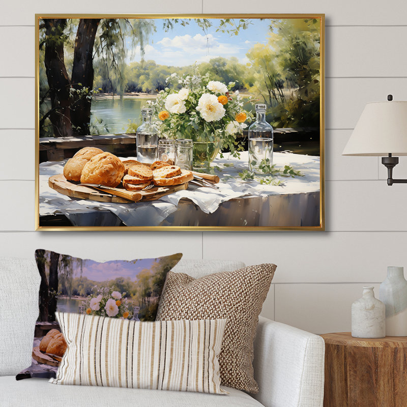 " Picnic At The Lake III ", 16" H x 32" W x 1" D, Gold Floater Framed