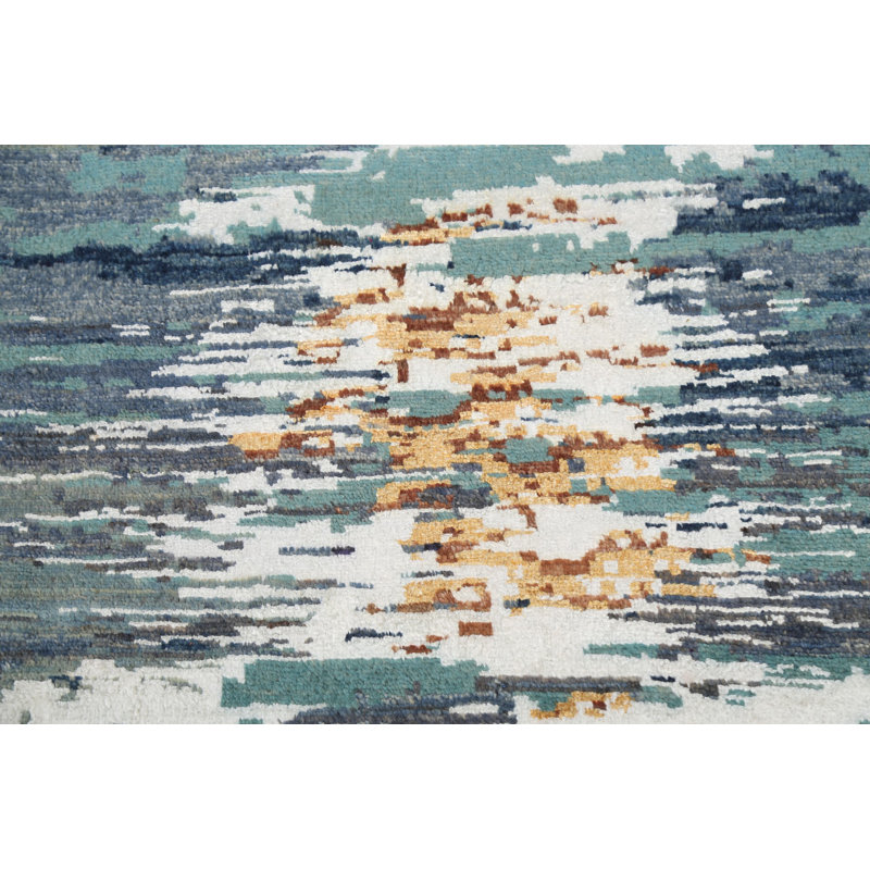 Tapis bleu / brun / gris noué à la main de conception unique 6 pi 1 po x 9 pi 5 po New Age