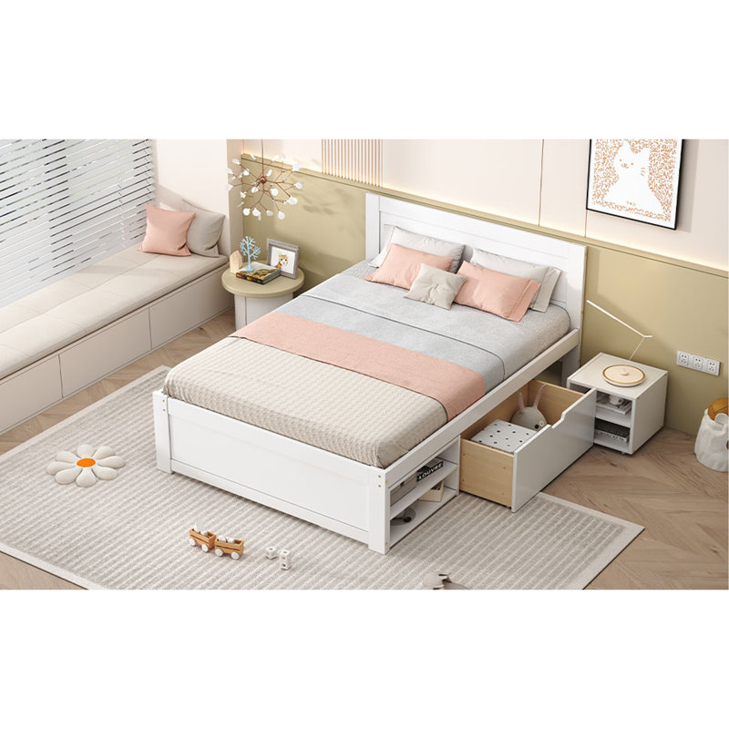 Lit plateforme avec tiroir et deux tablettes, Blanc antique