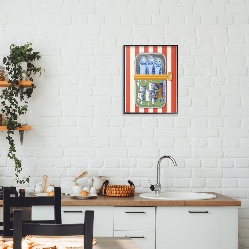 «Sardines with Antique Ship», dessin par Arrolynn Weiderhold, H 14 po x l 11 po, Giclée encadrée noir minuit