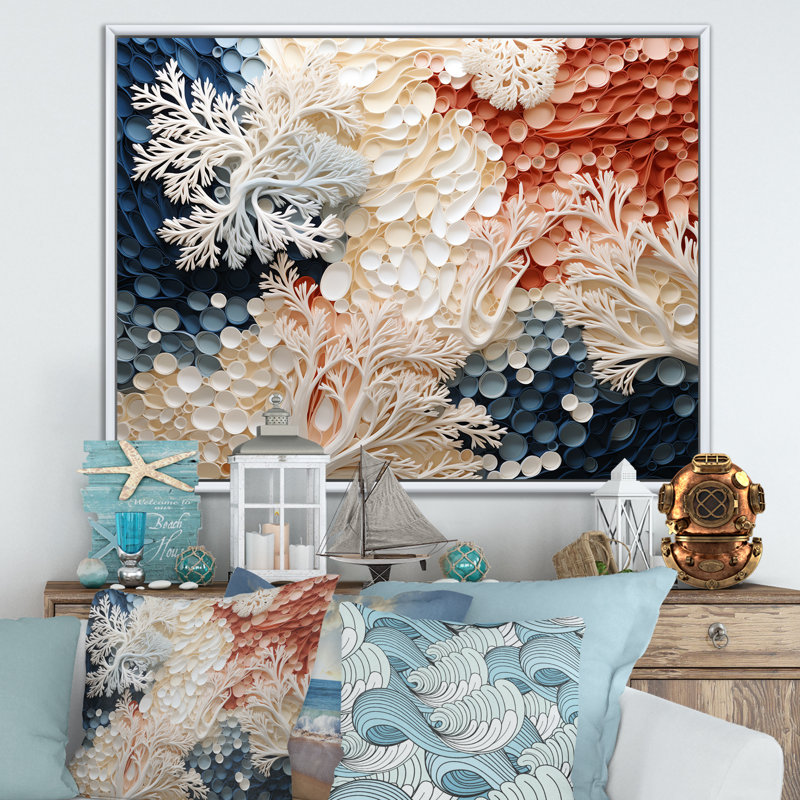 Pink And White Coastal Coral Collage II - Beach & Ocean Canvas Wall Art, White Floater Frame, 34" H x 44" W x 1.5" D