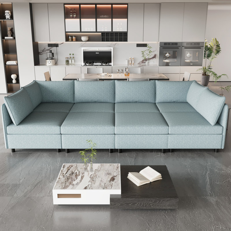 Canapé-lit modulaire en tissu avec rangement Chenille, Chenille bleu antique, H 32,9 po x l 98,5 po x P 63 po