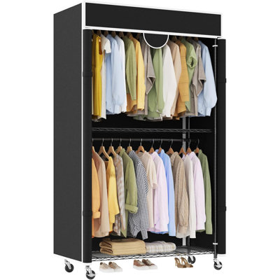 Heavy Duty Clothes Rack with Cover, 485 lbs Capacity Portable Closet Wardrobe on Wheels, Carbon Steel Garment Rack with Shelves, Dustproof Clothing Storage Organizer