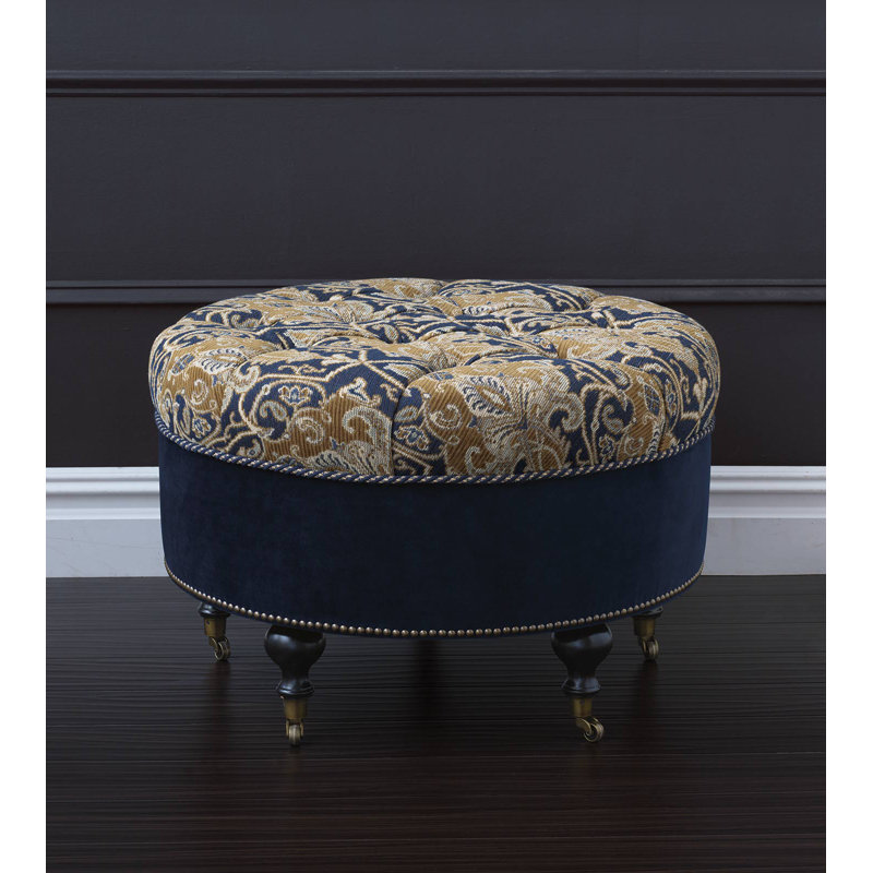 Arthur Upholstered Ottoman, Plush Navy/Ochre Cotton Blend