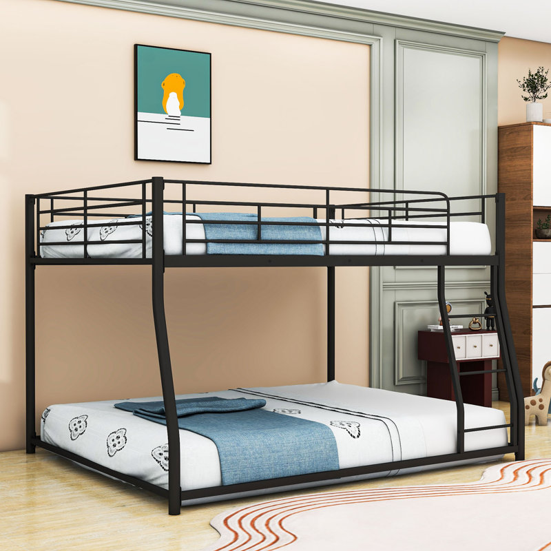 Metal Floor Bunk Bed With Ladder And Guardrails, Full XL Over Queen