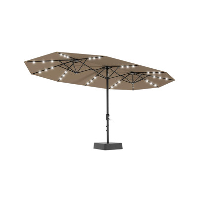Parasol de patio rectangulaire à double face de 15 pi avec lumières solaires à DEL - Très grand abat-jour d'extérieur, protection contre les rayons UV, cadre robuste, base croisée et sac de sable, pour piscine, terrasse, jardin, cour - Brun clair