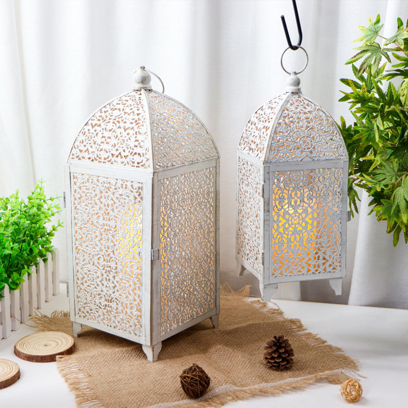 2 Piece Metal Tabletop Lantern Set, White