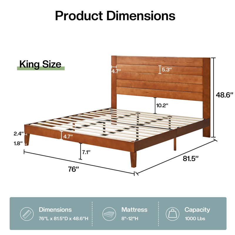 Bilal King Size Solid Wood Platform Bed Frame With 48.6'' Headboard,Yellow, Yellow, King