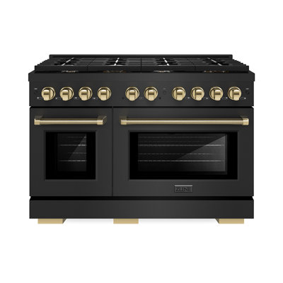 ZLINE Autograph 48 in. Paramount DuoPro Gas Range in Black Steel with Polished Gold Helix Handles